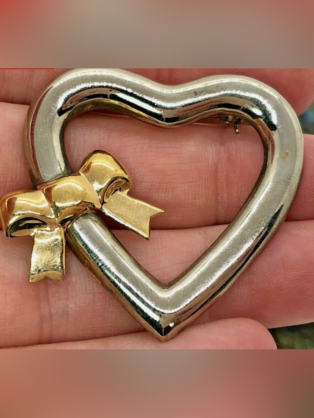 Gold and Silver Heart Brooch / pendant with Bow - Women Jewelry